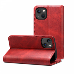 Läderfodral med kortplats och ställ, iPhone 13, röd