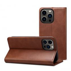 Läderfodral med kortplats och ställ, iPhone 13 Pro Max, mörkbrun