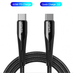USB-C till USB-C kabel, snabbladdning, 60W, 2.4A, 0.5m, svart