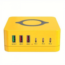 USB+USB-C Laddningsstation med 6 uttag och trådlös laddare, 140W